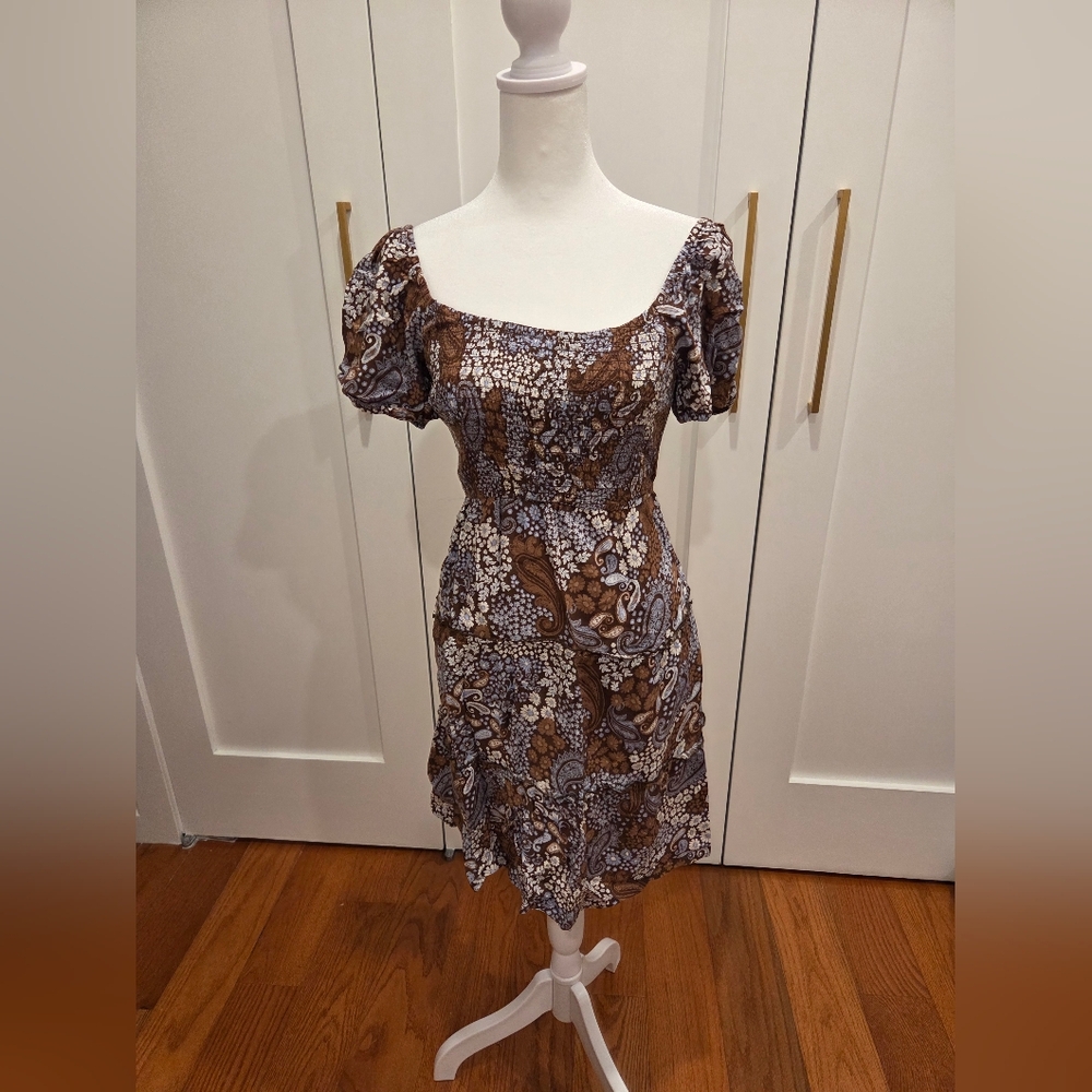 NWOT Hollister Open Back Paisley PuffSleeve Square Neck Mini Dress Medium (Long)
